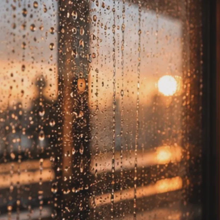 Rain running down a window at sunset
