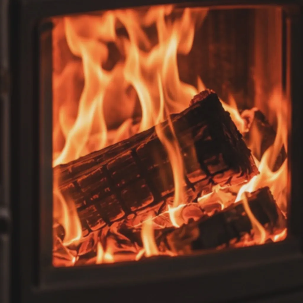 Flames curling round a log behind stove glass