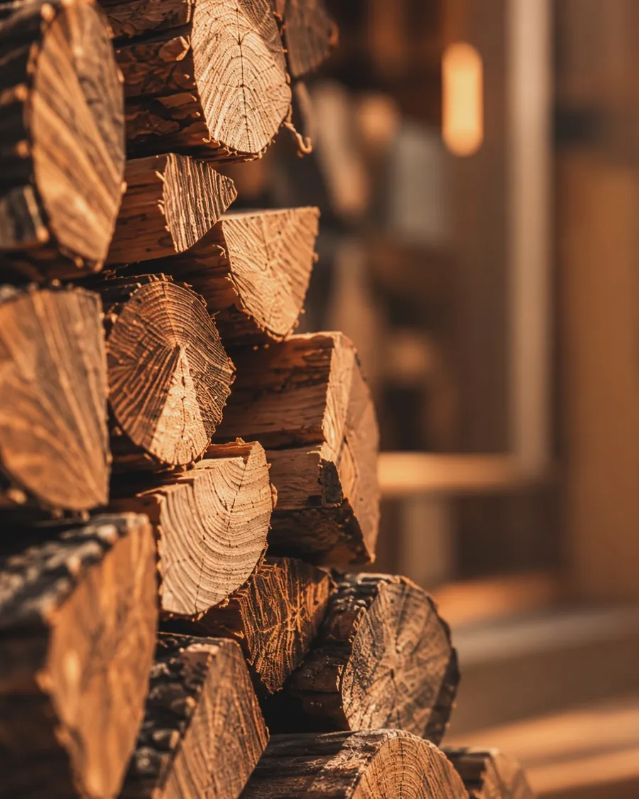 Split logs stacked by a doorway, lit warm from the side