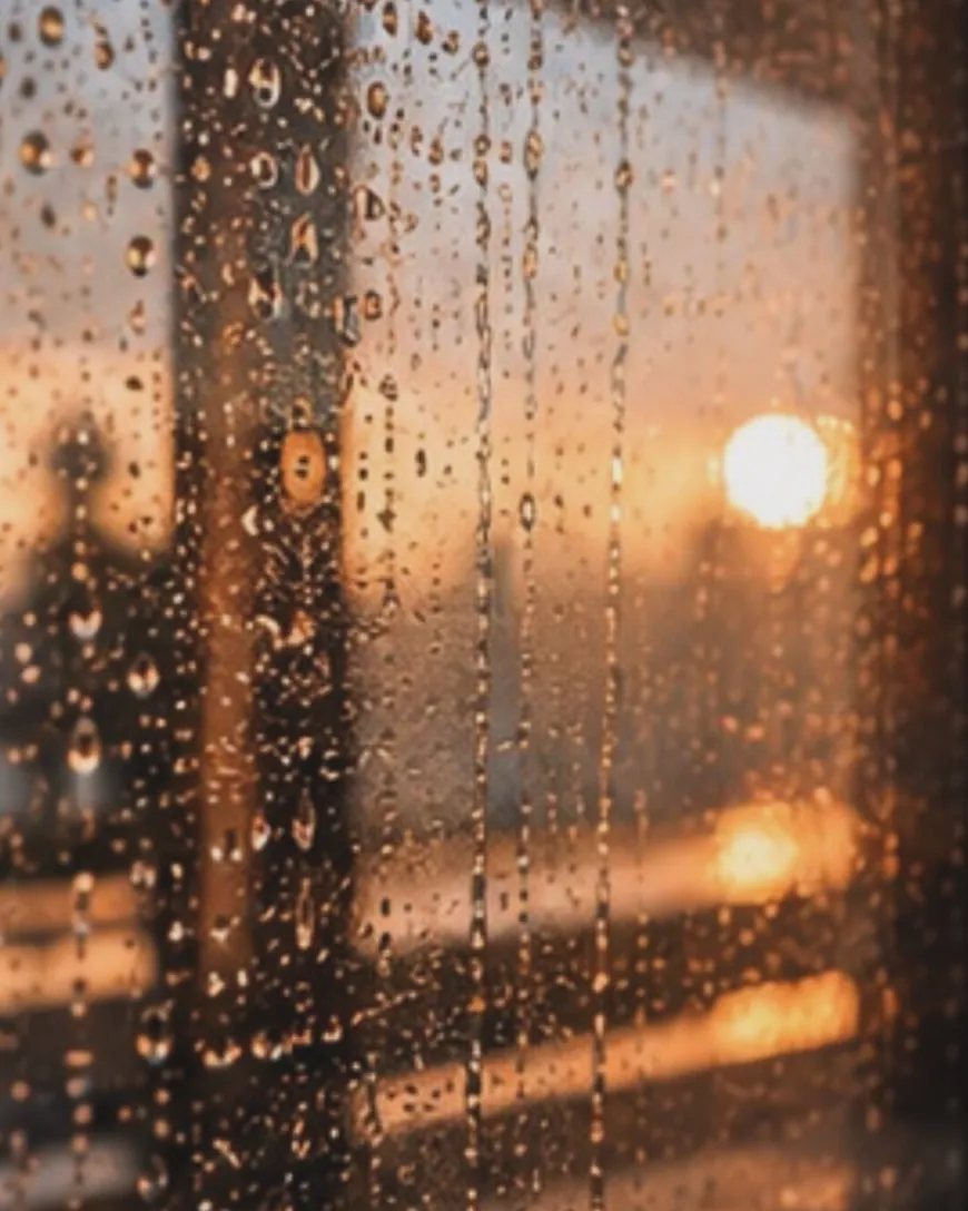 Rain on a window at sunset, the low sun blurred behind the drops