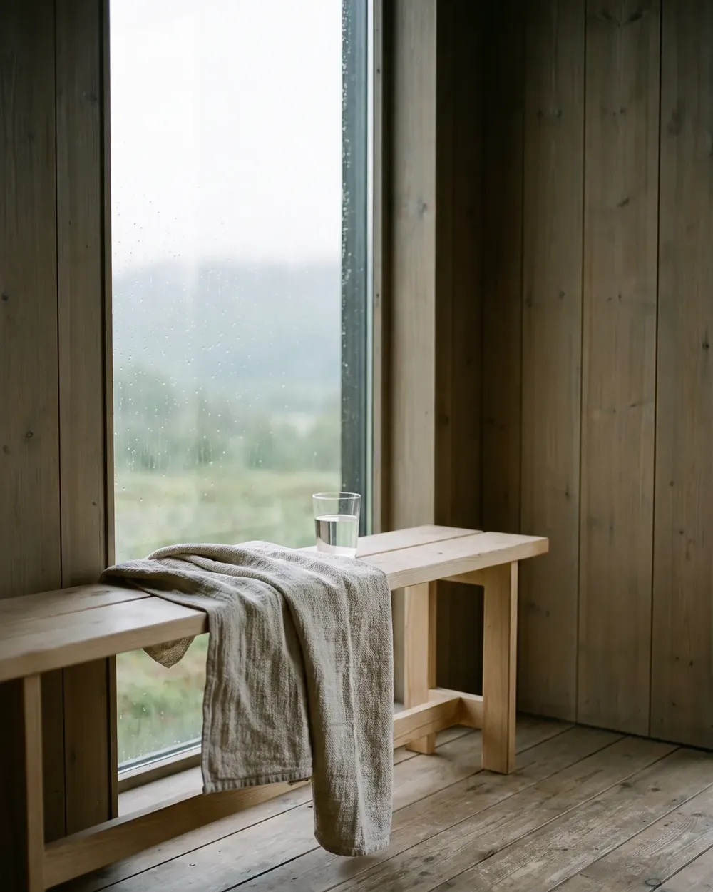 A plain wooden bench by a tall rain-streaked window, a linen towel and a glass of water on it