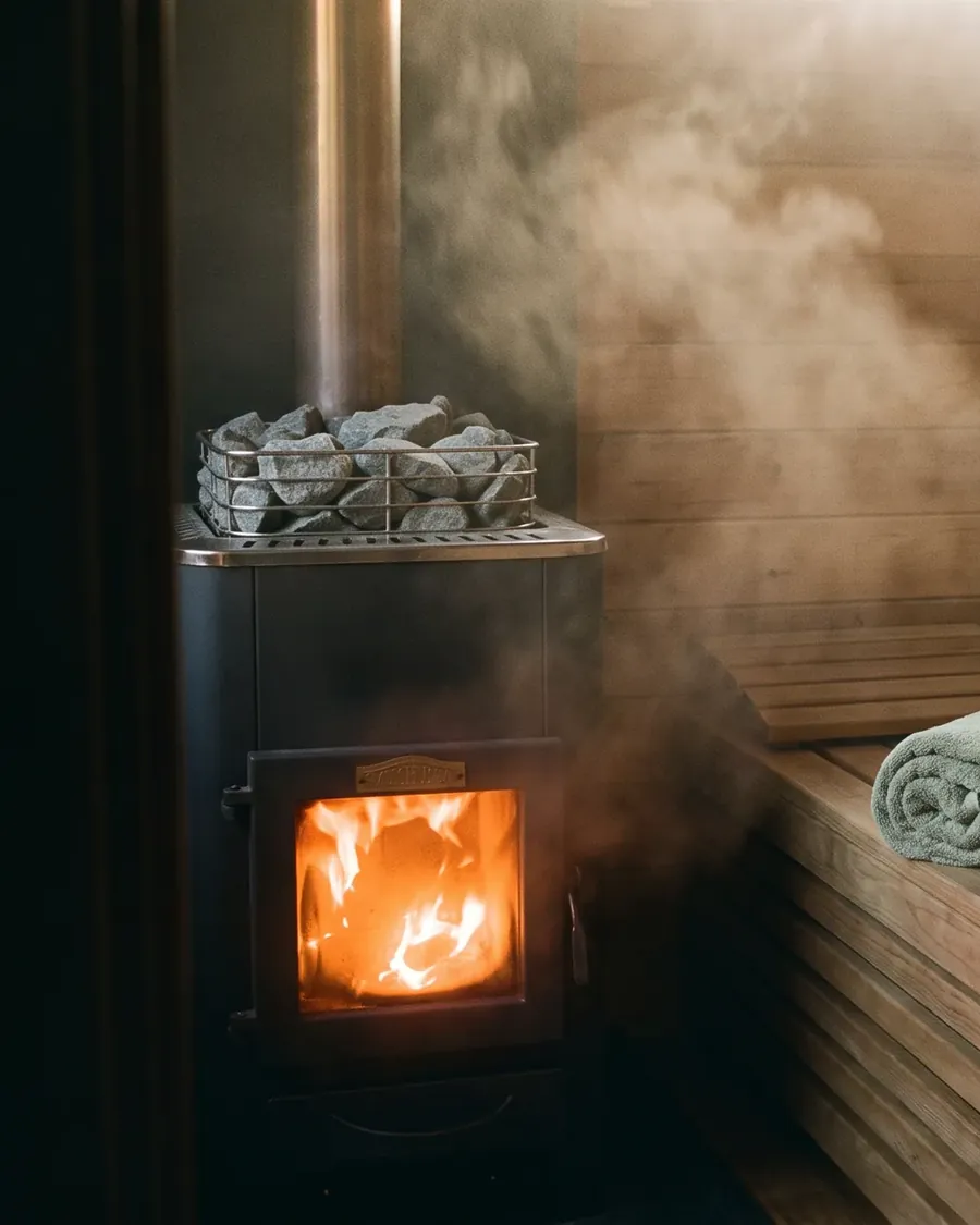 Inside a small timber sauna: a stove glowing, stones on top, steam over the benches